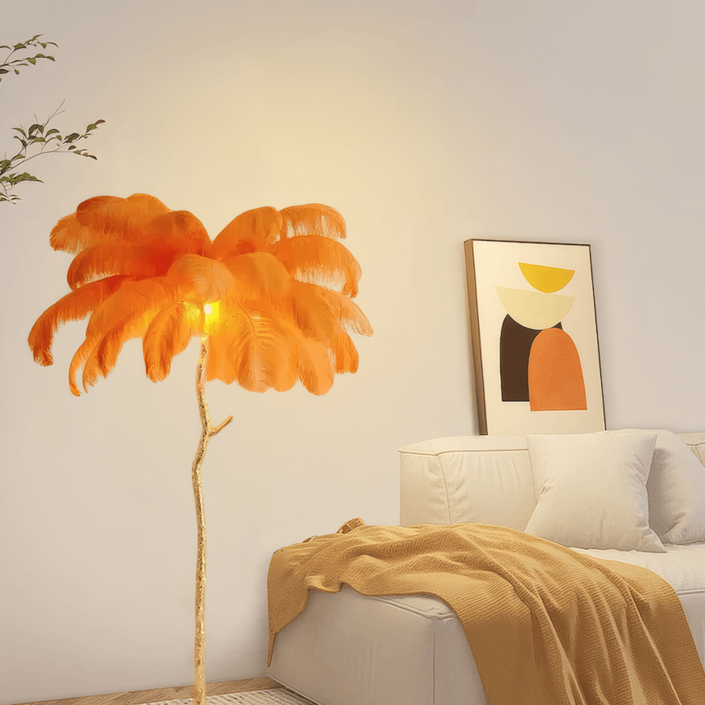 Art Deco Orange Feather Floor Lamp for Living Room